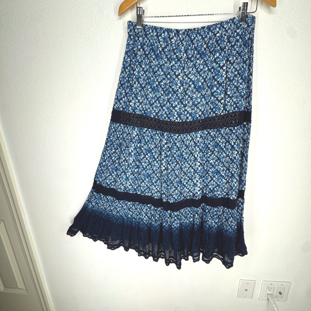 Vintage Blue Batik Print Tiered Midi Skirt Crochet Lace Trim Boho Ombre Hem